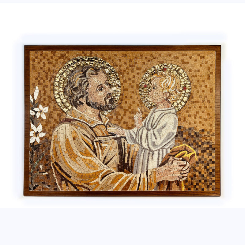 St Joseph holding Baby Jesus handmade natural stone mosaic Christian Artwork framed mosaic handmade in Jordan